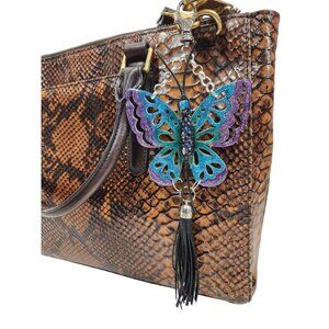 Dk Purple Handpainted Wooden Butterfly Purse Leather Tassel Stone Beaded Leather